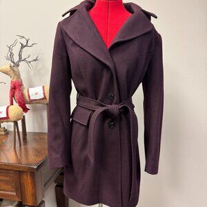 London Fog Wool Coat Burgandy with hood, belt and pockets for women size L